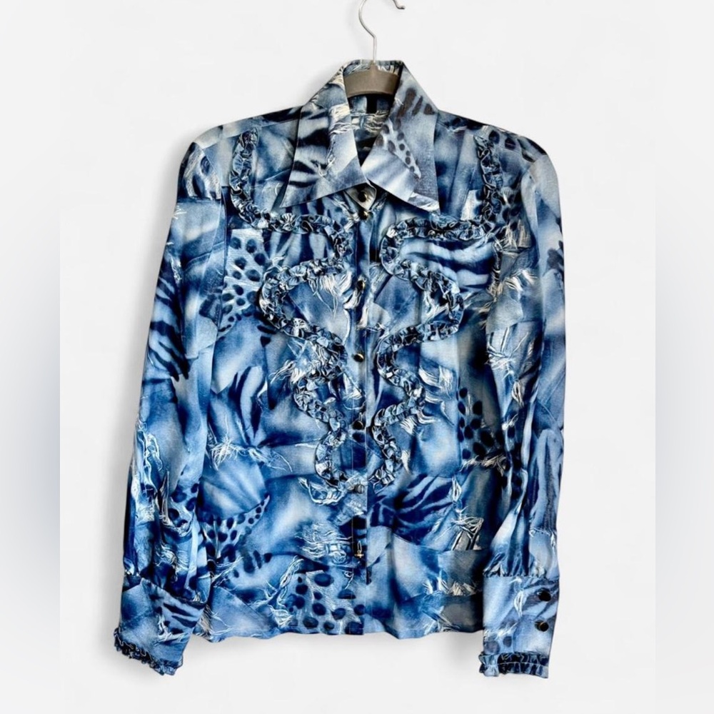 VTG Escada Blue Button Down Silk Blend Blouse Size 36